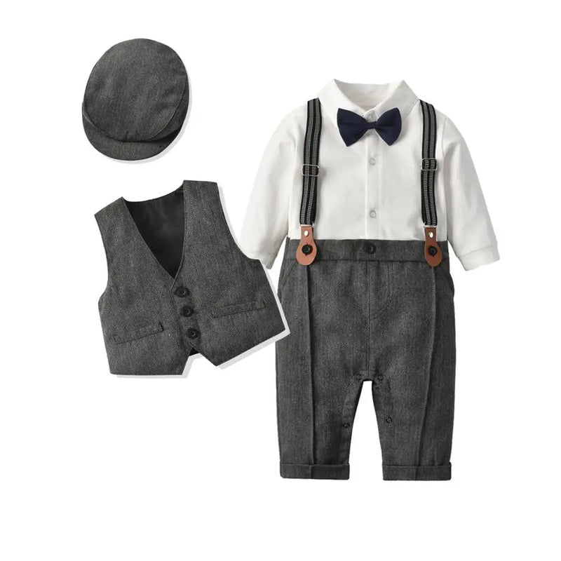 Children Party Costume Infants British Vest Bodysuit Climbing Gentleman Hat Boy 1 Year-Old Clothing Newborn Gentleman Suits