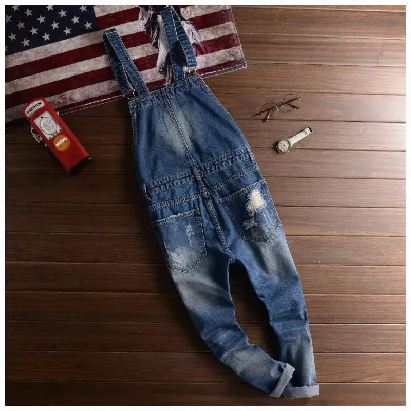 Men Denim Jumpsuit Ripped Tattered Jeans Bib Ankle Length Hip Hop Pants Trousers