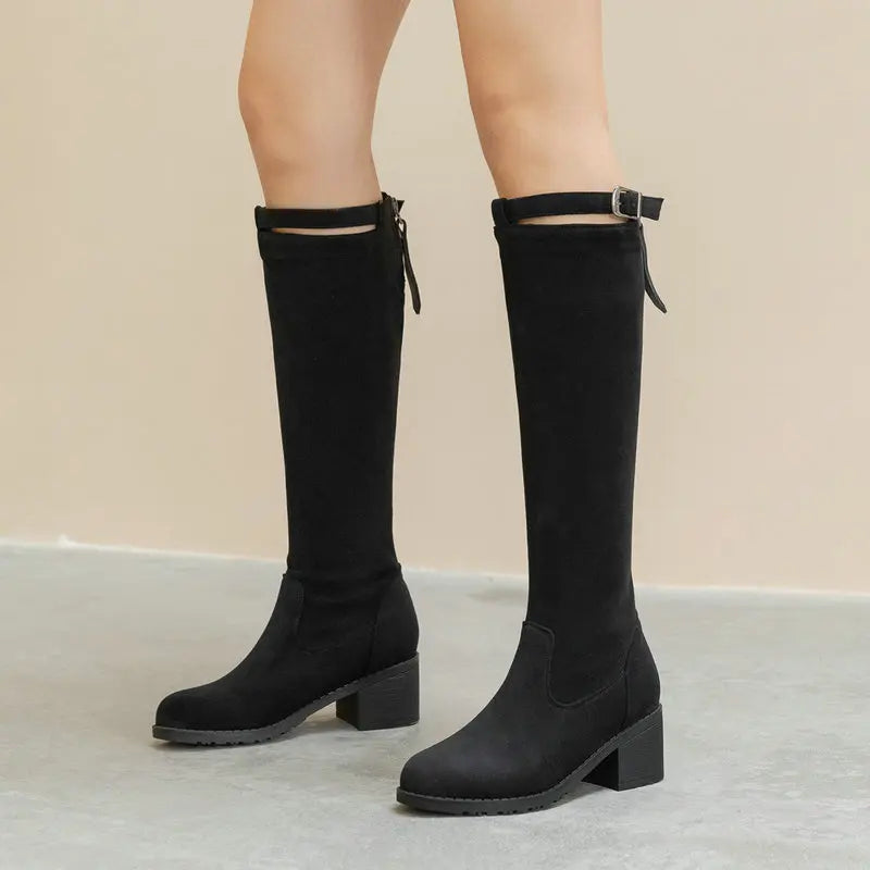 Flock Stretch Knee High Boots Autumn Women Square Long Boots Slip On Round Toe Women Shoes