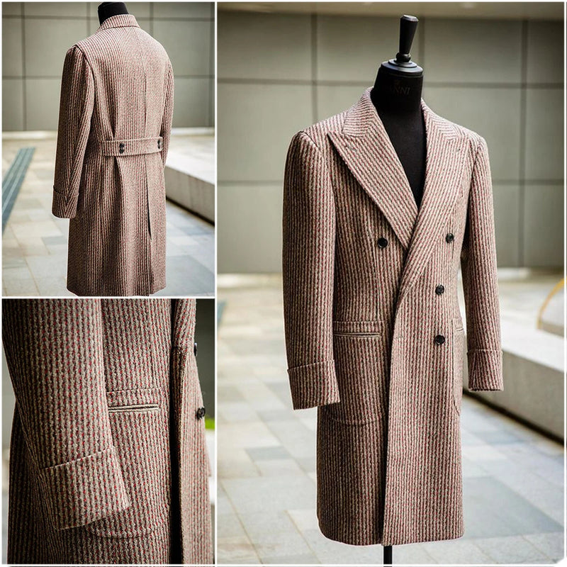 Winter Men Woolen Overcoat Striped Mid-Length Formal Jacket