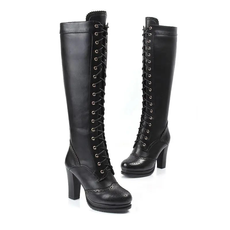 Genuine leather knee high boots women lace up platform high heels winter riding boots female shoes