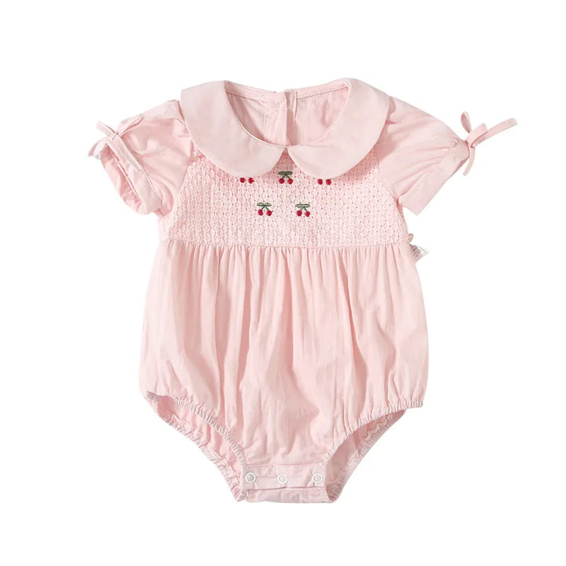 newborn baby bodysuits peter pan collar cherry embroidery baby girls clothes one piece baby outfit 2 Color