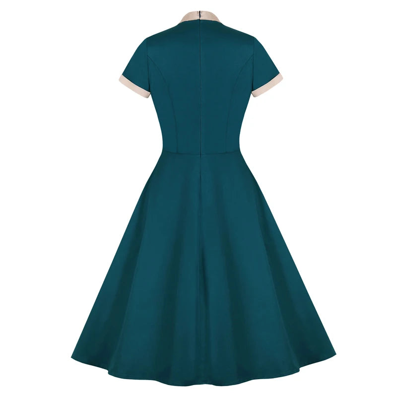 Elegant Turquoise Pleated Party Midi Dress Women Cotton Vintage High Waist Pocket Swing Dresses