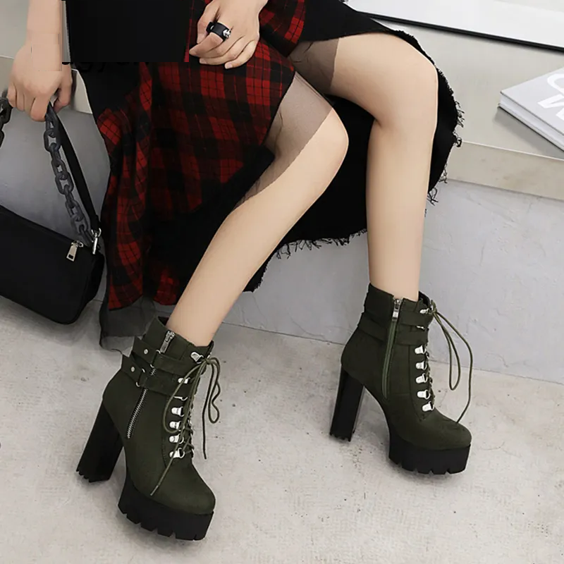 Belt Buckle Ankle Boots High Platform Heels Shoes Cross Tied Office Lady Autumn Boots Street Style