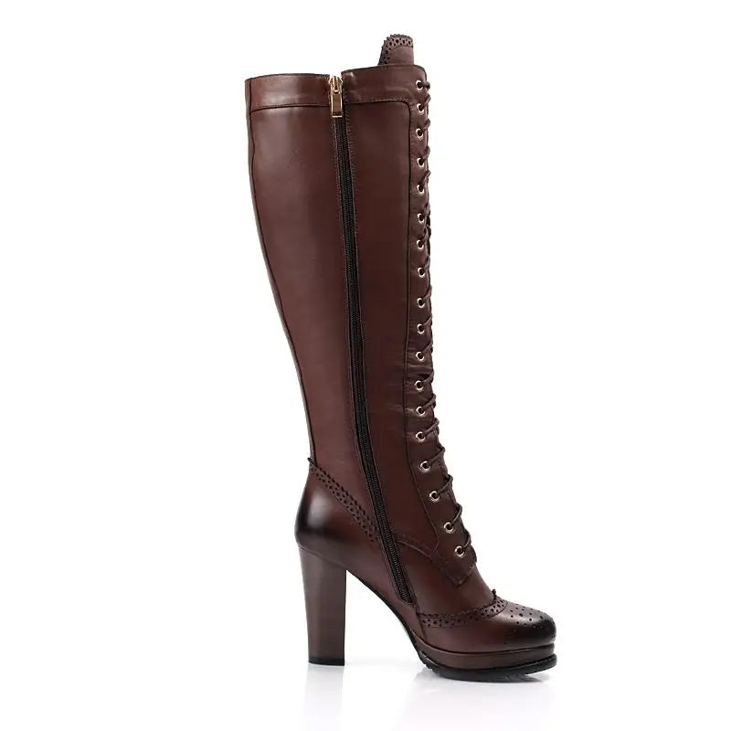 Genuine leather knee high boots women lace up platform high heels winter riding boots female shoes