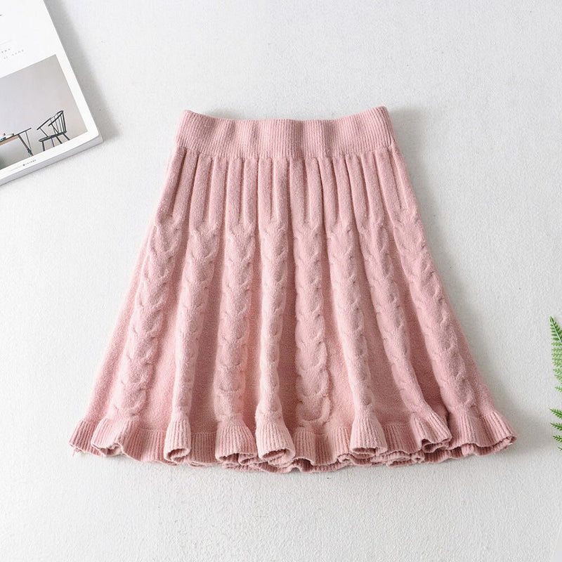 Women Mini Skirt Autumn Elastic Waist A-line Skirt Fashion Twist Ruffle Ladies Skirt