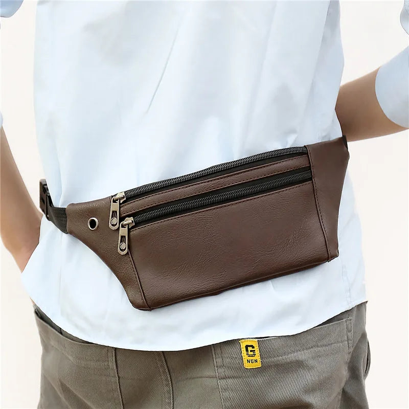 Men's Fanny Pack leather three-layer multi-purpose chest bag with earphone hole Sports money collection waist bag tide