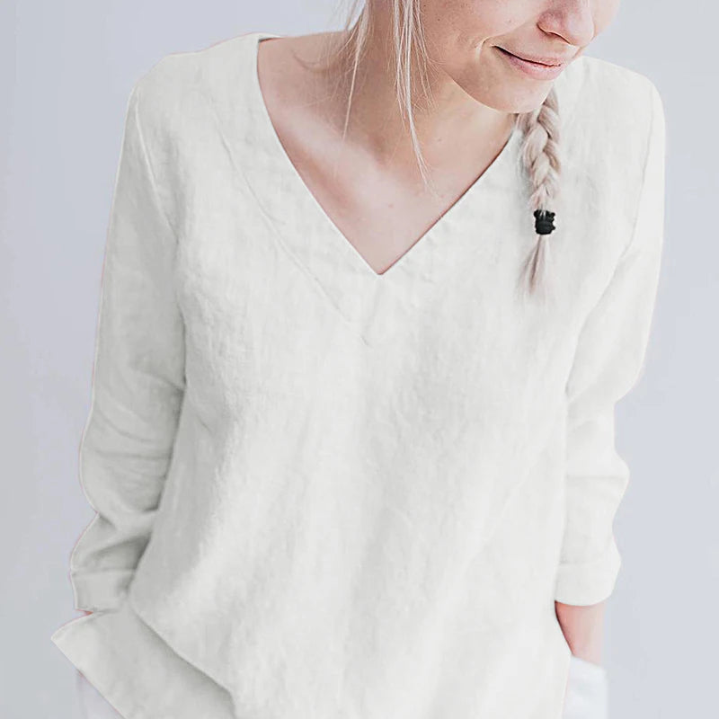 Linen V-Neck Shirt Autumn Women Basic Style Literary Simple T-Shirt Casual Loose Bottoming Shirts