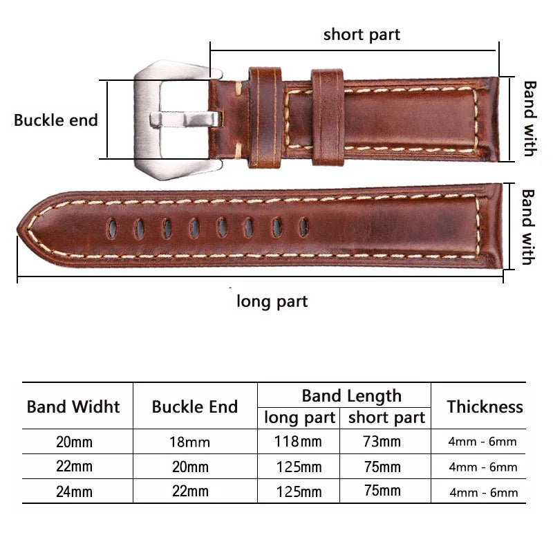 Genuine Leather Watchbands Dark Brown Vintage Watch Strap With Silver Black Stainless Steel Buckle