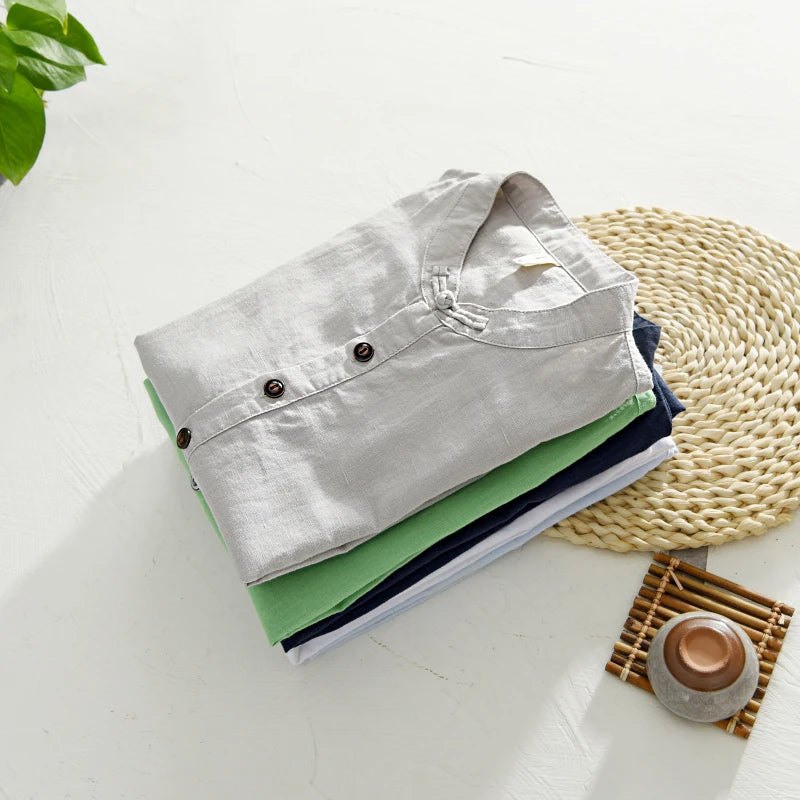 Linen shirt men blue casual shirts for men stand collar shirts male tops short sleeve shirt