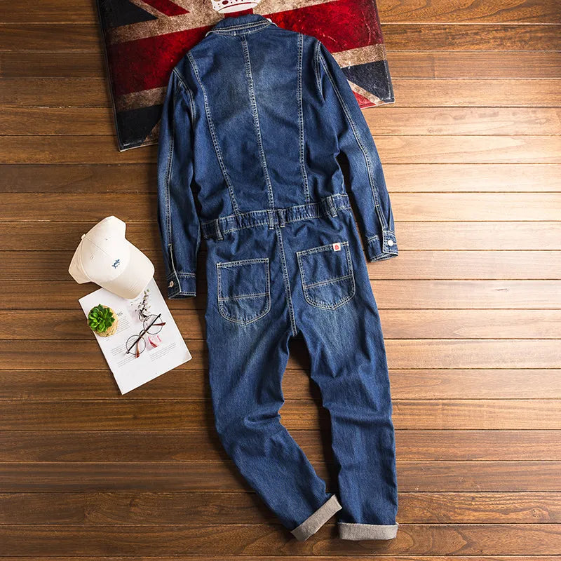 Spring And Autumn Overalls Men Denim Jumpsuits Lapel Loose Jeans Cargo Pants Trousers