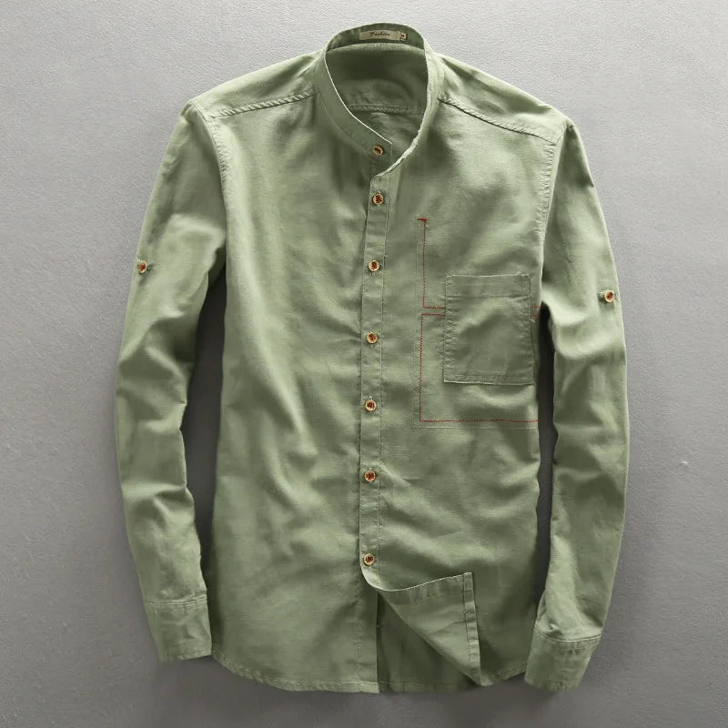 Men's Linen Shirts Slim Mandarin Collar Shirts Male Breathable Clothing Tops