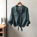 Linen Women Shirts Summer Collar Pocker Long-Sleeved Casual Female Outwear Tops