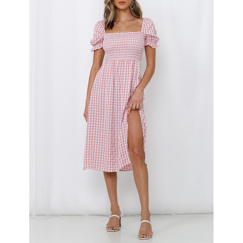 Dress Women Summer Square Neck Short Puff Sleeve Shirred Casual Plaid Dress Midi Dress With Slit Dresses For Women Sundress