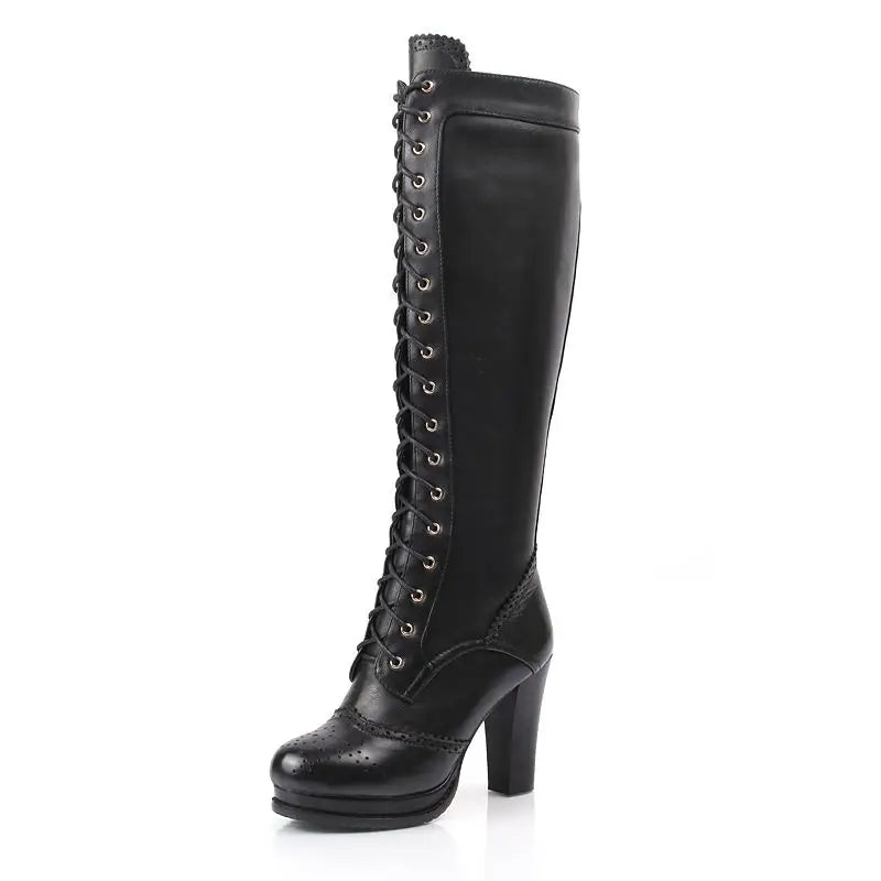 Genuine leather knee high boots women lace up platform high heels winter riding boots female shoes