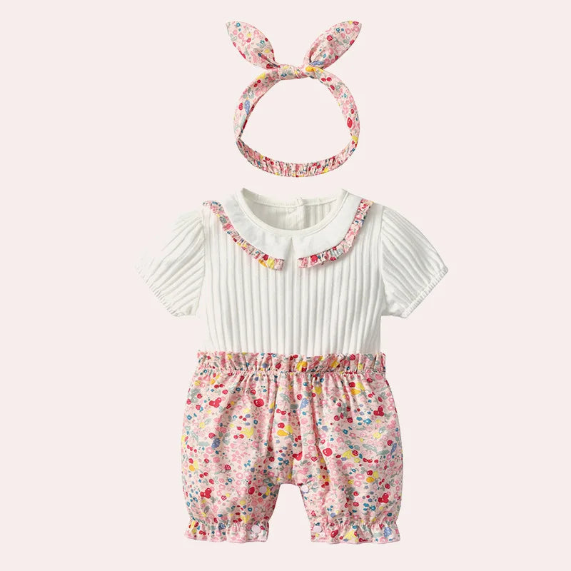 Newborn Baby Girl Romper Turn-down Collar Floral Baby Clothes Cotton Summer Toddler Jumpsuit Outfits Clothing with Hairband 0-2Y