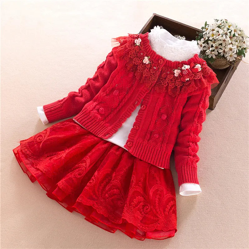 Spring Autumn Girls Sweater Skirt T-shirt  Clothing Set Children Cotton  Cardigan Lace Princess Outfits Kids Mesh Suit Set