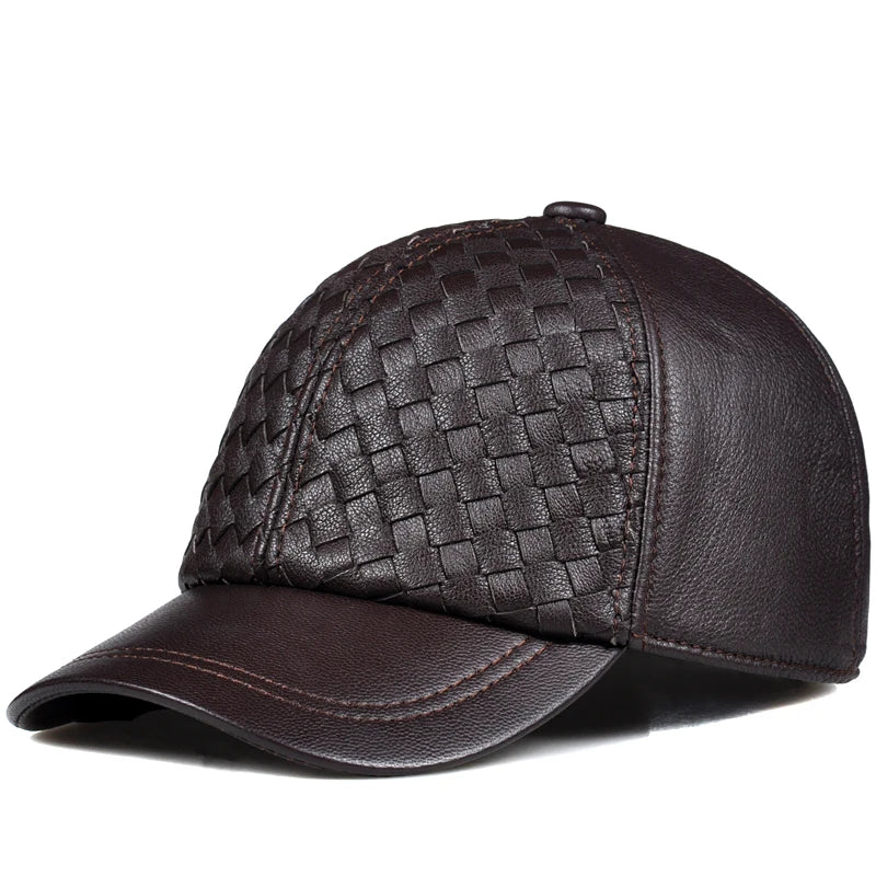 Spring Genuine Leather Hats Men Weave Casual Baseball Caps Streetwear Adjustable