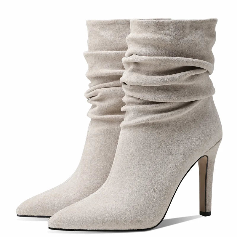 Women Boots Pleated High Heels Ankle Boots Autumn Winter Short Boots Female