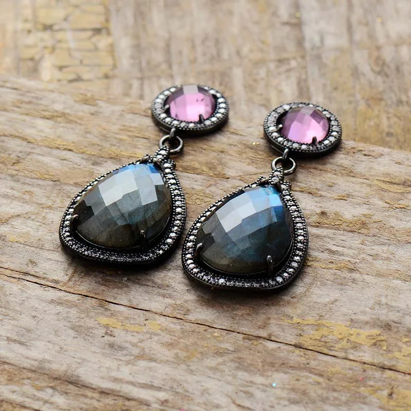 Luxury Teardrop Earrings for Women Labradorite Drop Dangle Black Bold Earring Valentines Day Jewelry