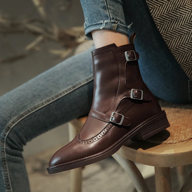 Autumn Woman Buckle Chelsea Boots Handmade Genuine Leather Round Toe Boots