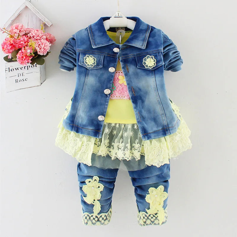 Spring Autumn Infant Toddler Baby Girl Denim Clothing Sets Long Sleeve T Shirt Tops Denim Jacket and Jeans Trousers