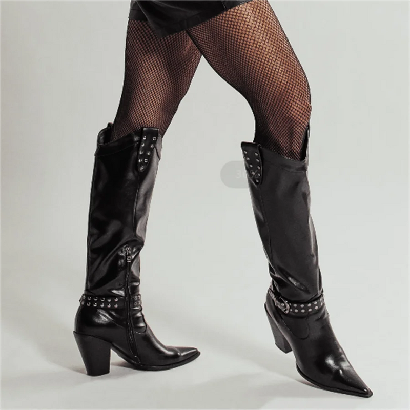 Women Pointed Toe Knee High Boots Metal Decoration Zipper Belt Buckle