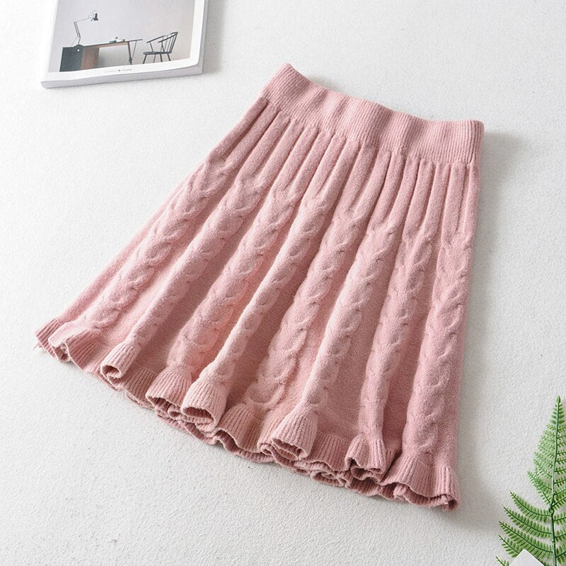 Women Mini Skirt Autumn Elastic Waist A-line Skirt Fashion Twist Ruffle Ladies Skirt