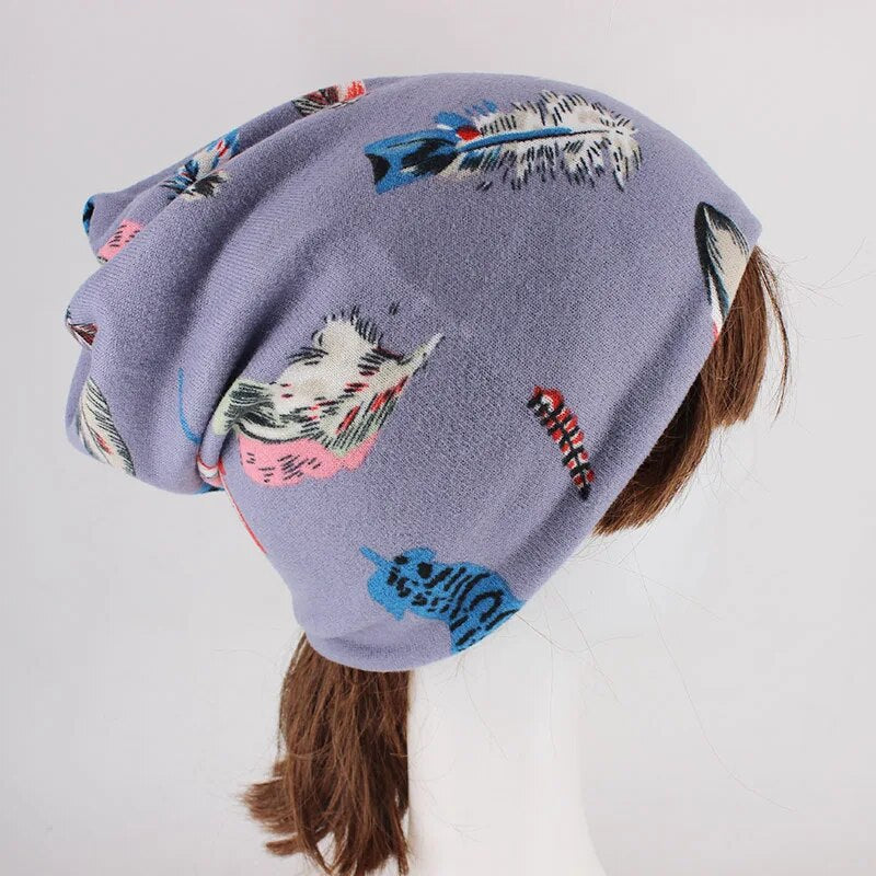 Autumn Women Warm Beanies Skullies Double Used Casual Girl Hat Scarf Leaf Female Bonnet Hats