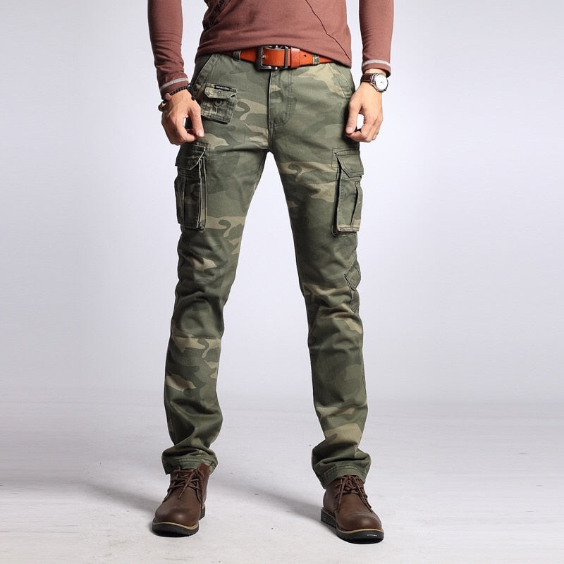 Men Spring Military Style Camouflage Cargo Pants Multi-pocket Male Slim Fit Casual Straight Trousers Outdoor Safari Pant