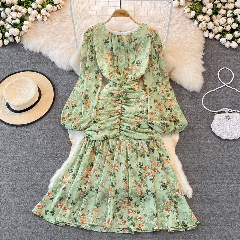 French Elegant Chiffon Dress Women Spring Autumn Puff Sleeve Sweet Floral Print Beach Dresses Ladies Bodycon Boho Dress