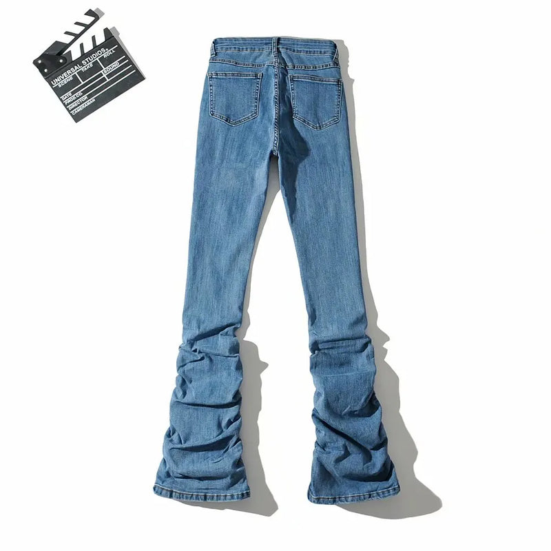 Pleated Women Jeans Autumn High Waist Solid Wide Leg Ankle Length Elegant