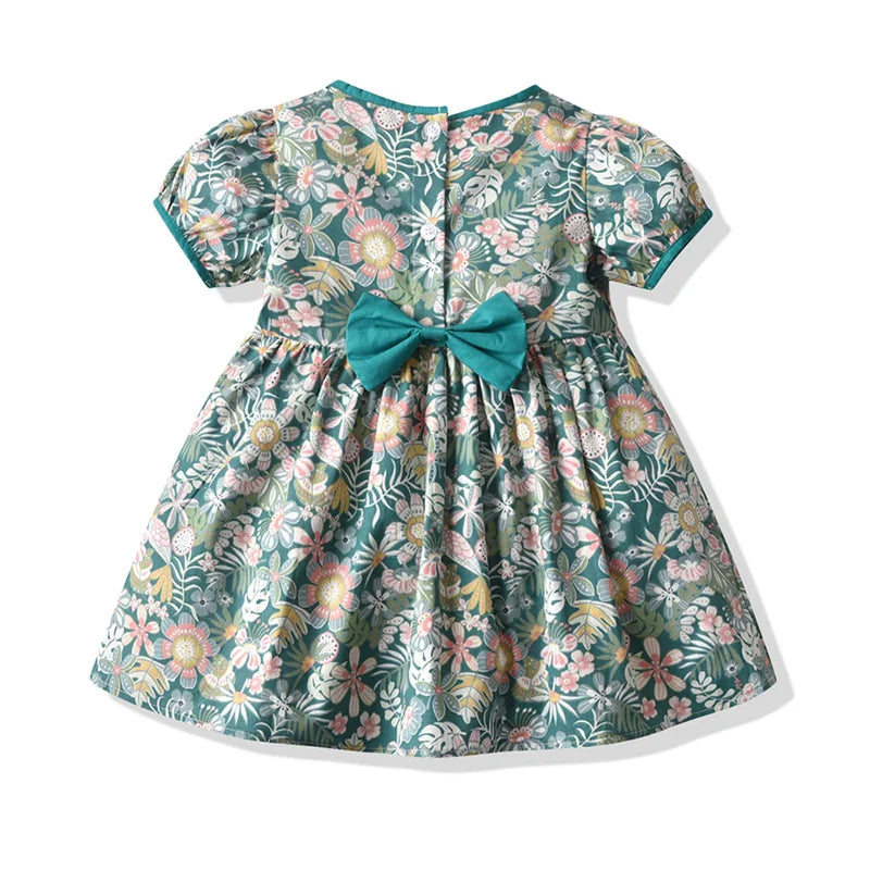 Toddler Girls Casual Dresses Kids Short Sleeve Floral Princess Dresses with Bowknot for Beach Vacation