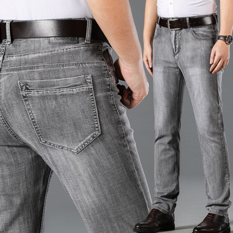 Men Thin High waist Jeans cotton Stretch Straight Denim pants Classic Straight pants