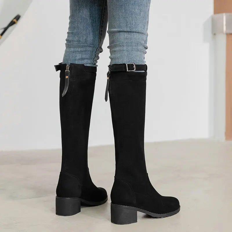 Flock Stretch Knee High Boots Autumn Women Square Long Boots Slip On Round Toe Women Shoes