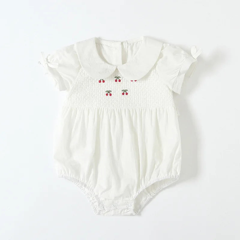 newborn baby bodysuits peter pan collar cherry embroidery baby girls clothes one piece baby outfit 2 Color