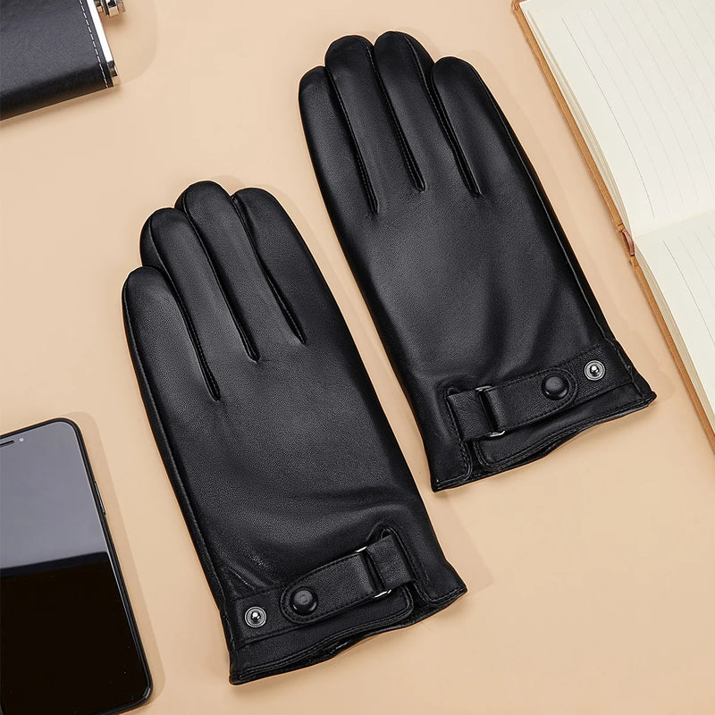 Men's Gloves Short Style Black Genuine Leather Gloves Winter Autumn Windproof and Warm