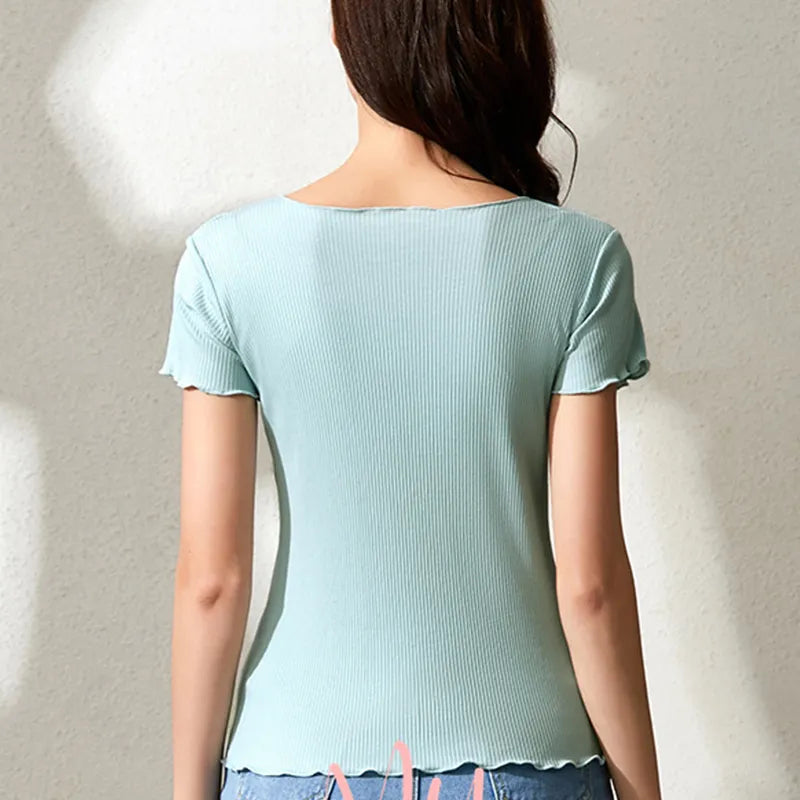 Women T-Shirts Built-in Bra Padded Stretchable Tops Tshirts Short Sleeve Ruffles Sexy Casual