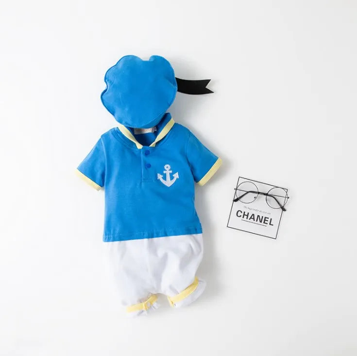 Summer Short Sleeves Blue Baby Boy's Jumpsuits/Baby Romper Clothes with Cap