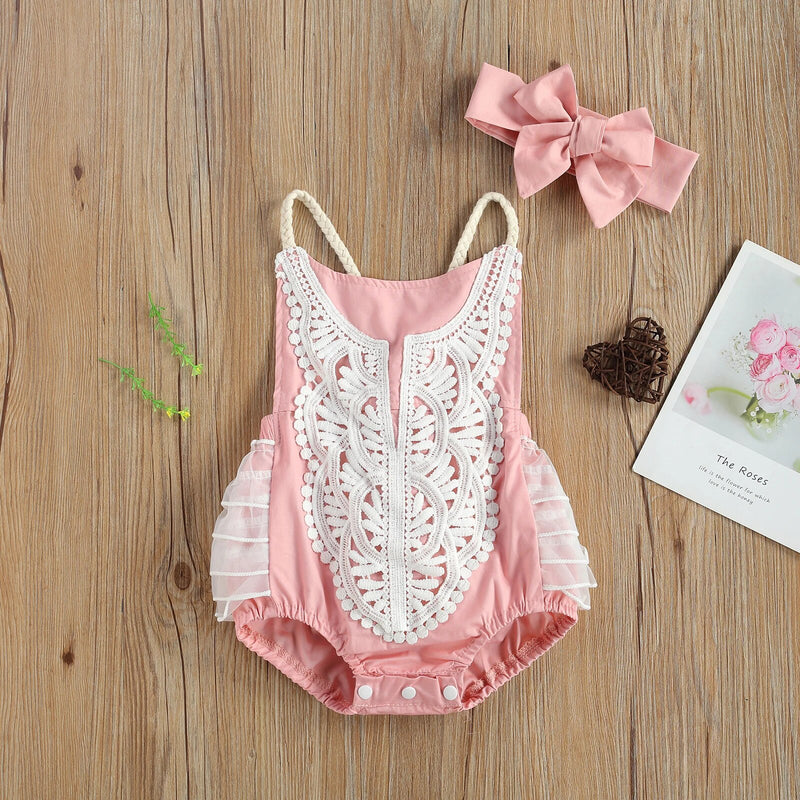 Summer Infant Baby Girls Two-Piece Set Sleeveless Bodysuit Embroidery Strap Jumpsuits Patchwork Cute Clothes