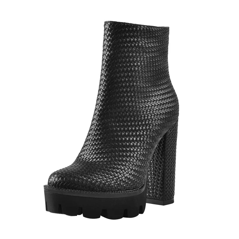 Women Weave Ankle Boots Platform High Heel Matte Black White Side Zipper Booties