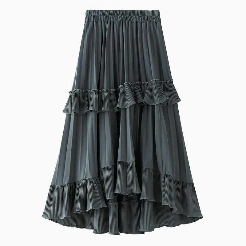 Autumn Pleated Skirt High Waist Irregular Hem Flouncing Women Long Skirts Saia Women White Skirts