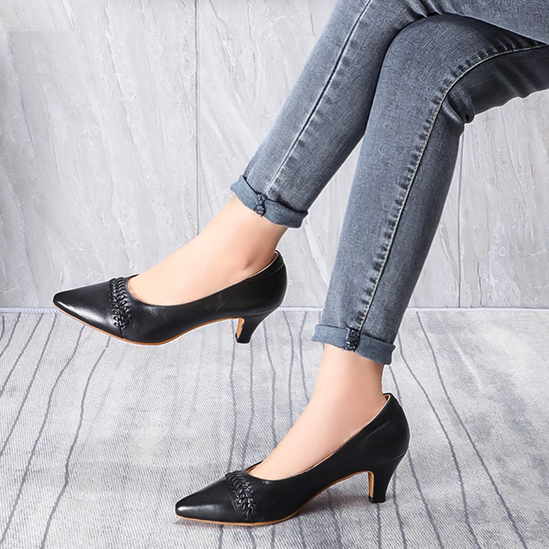 Women Kitten Heel Pointed Toe Dress Pump Handmade Genuine Leather Office High Heels Ladies Shoes