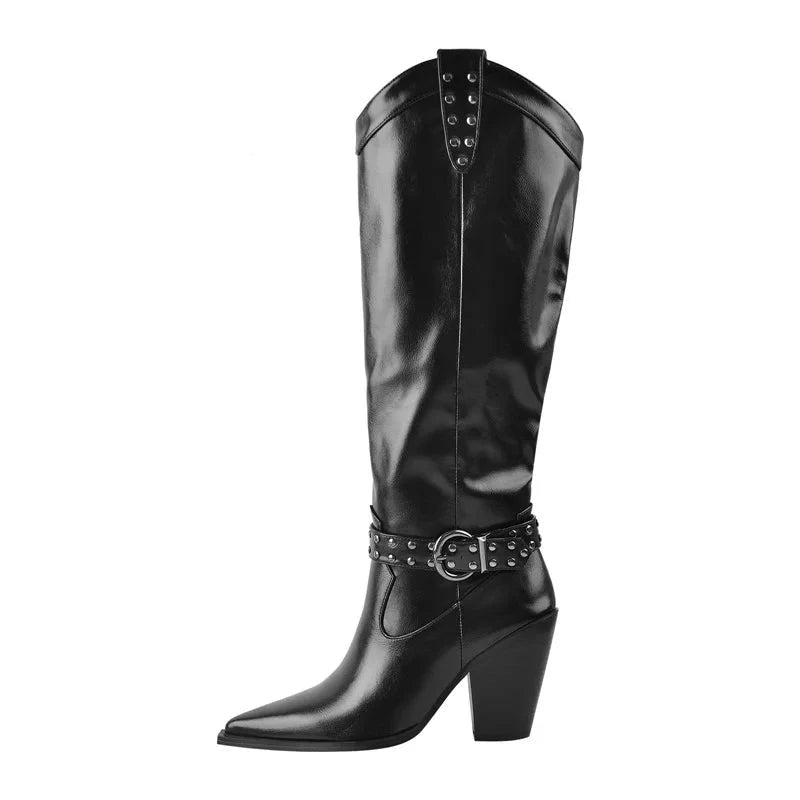 Women Pointed Toe Knee High Boots Metal Decoration Zipper Belt Buckle