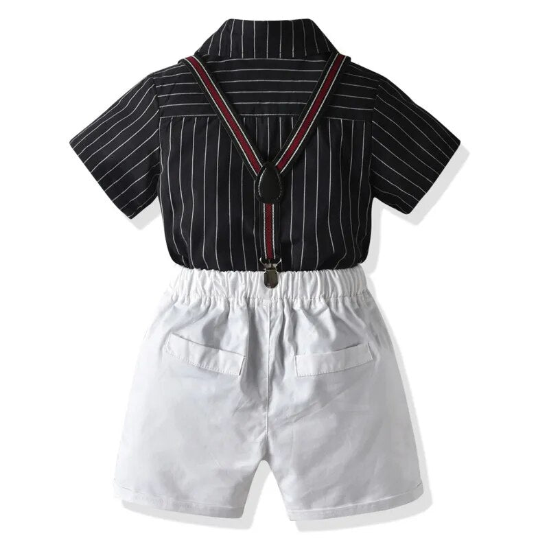 Kids Boys Summer Clothes Gentlemen Birthday Wedding Baby Costume Short T-Shirt+Belt Pants Tie Kid Outfits