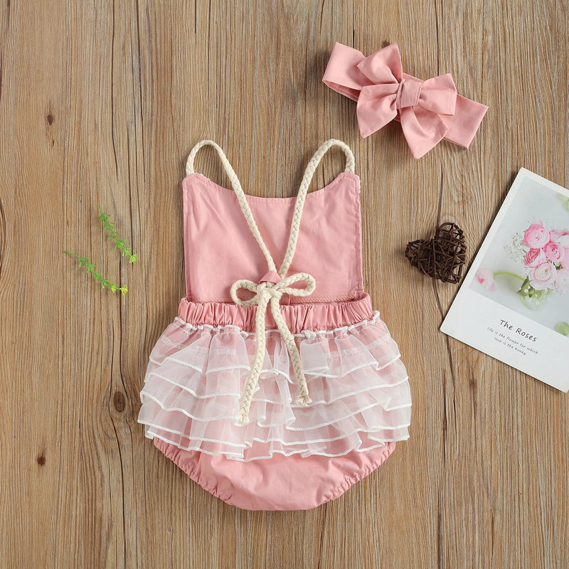 Summer Infant Baby Girls Two-Piece Set Sleeveless Bodysuit Embroidery Strap Jumpsuits Patchwork Cute Clothes