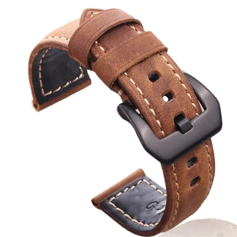 Leather Handmade Watchband Watch Band Strap With Silver Black Stainless Steel Pin Buckle