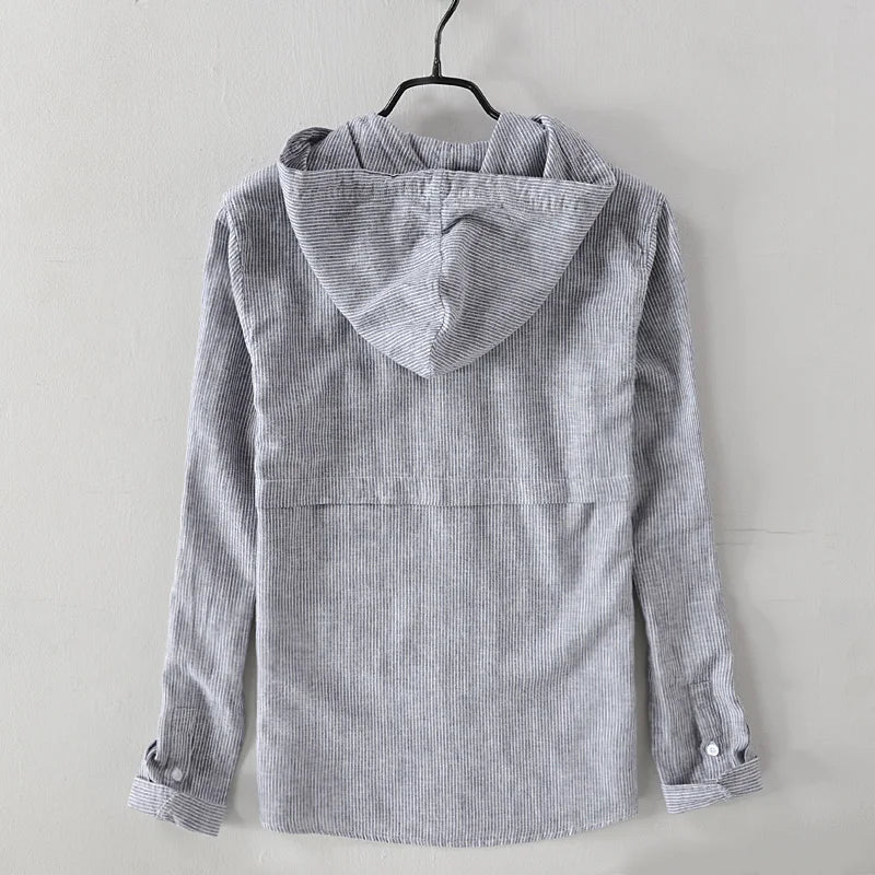 Mens cotton and linen casual hooded long-sleeved shirt shirt men stripe unique design shirts men