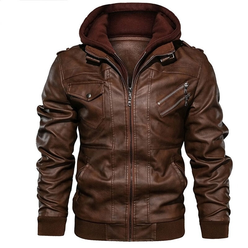 Motorcycle Leather Jacket Men Windbreaker Hooded Jacket Male Outwear Faux Leather Men Jackets Euro