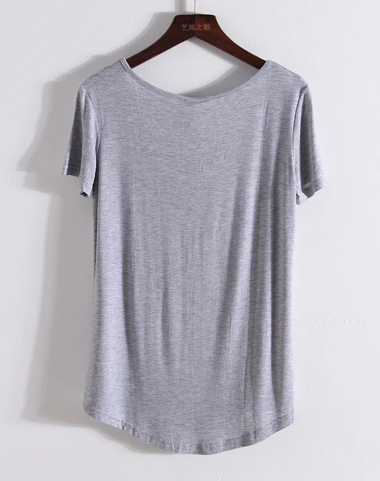 Summer Short Sleeve Loose Women V-neck Pure Color Soft T-shirt